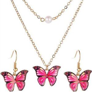 Colorful Butterfly Pearl Necklace Earrings Jewelry Set